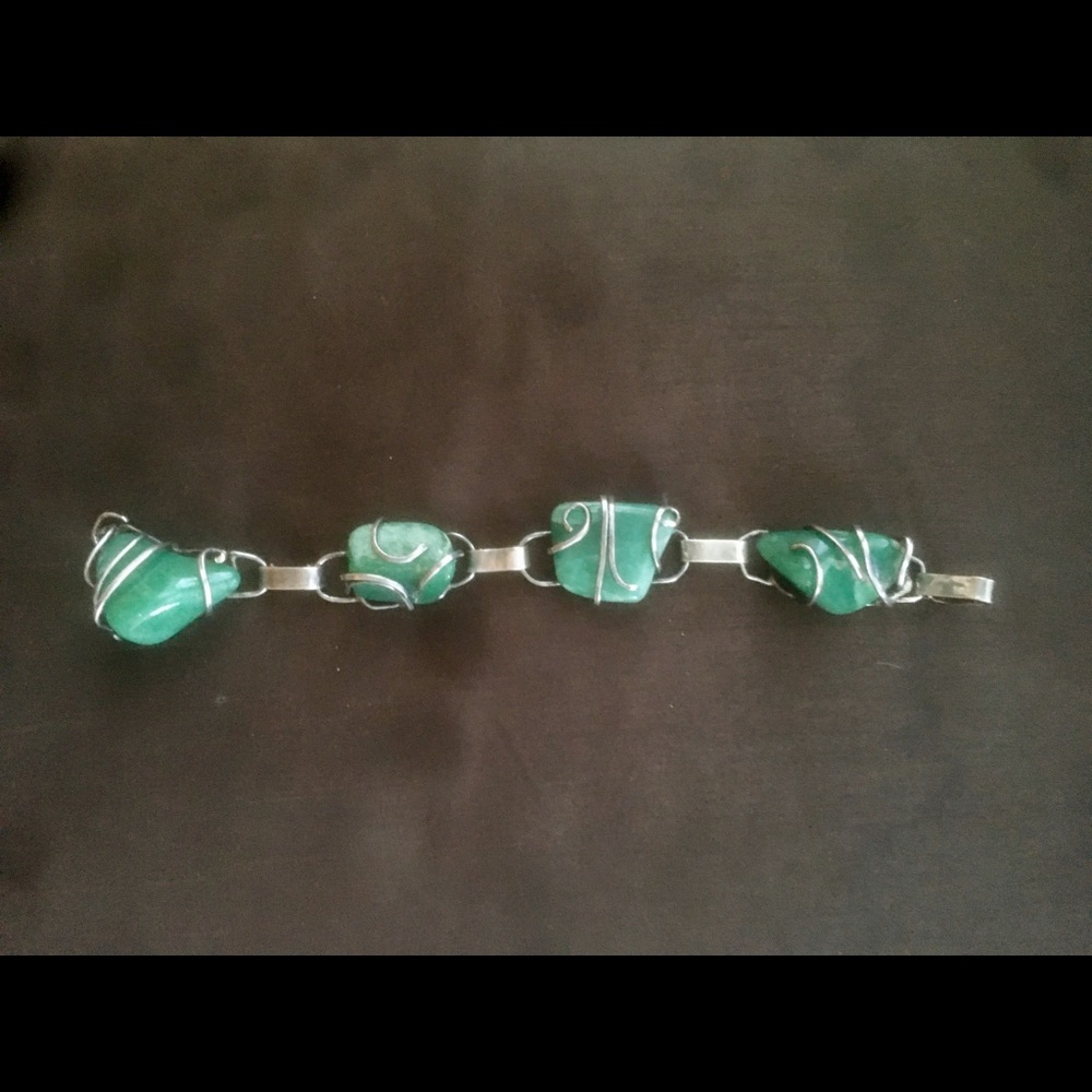 Jade Wire Wrapped Artisan Metalwork Deco Bracelet
